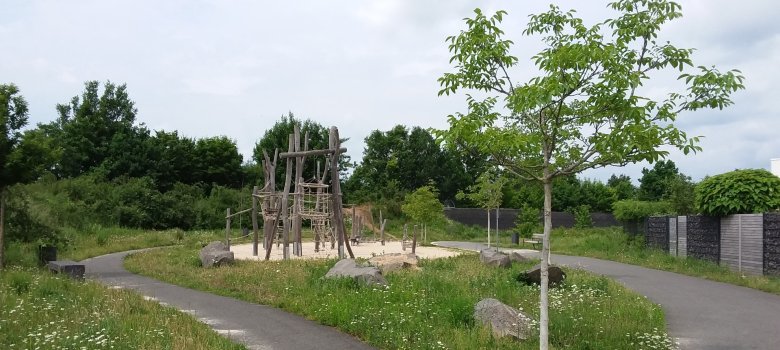 Zwei Wege im Helixpark in Hainhausen schlängeln sich um einen Spielbereich herum. Rechts im Vordergrund steht ein junger Baum am Rand sind Wiese und Bäume.