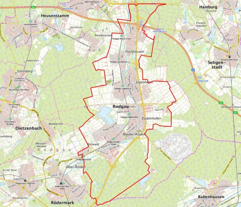 Карта на обиколката на Родгау с червена маркировка, която обхваща град Родгау и кварталите Вайскирхен, Хайнхаузен, Югесхайм, Дуденхофен, Нидер-Роден и Ролвалд.