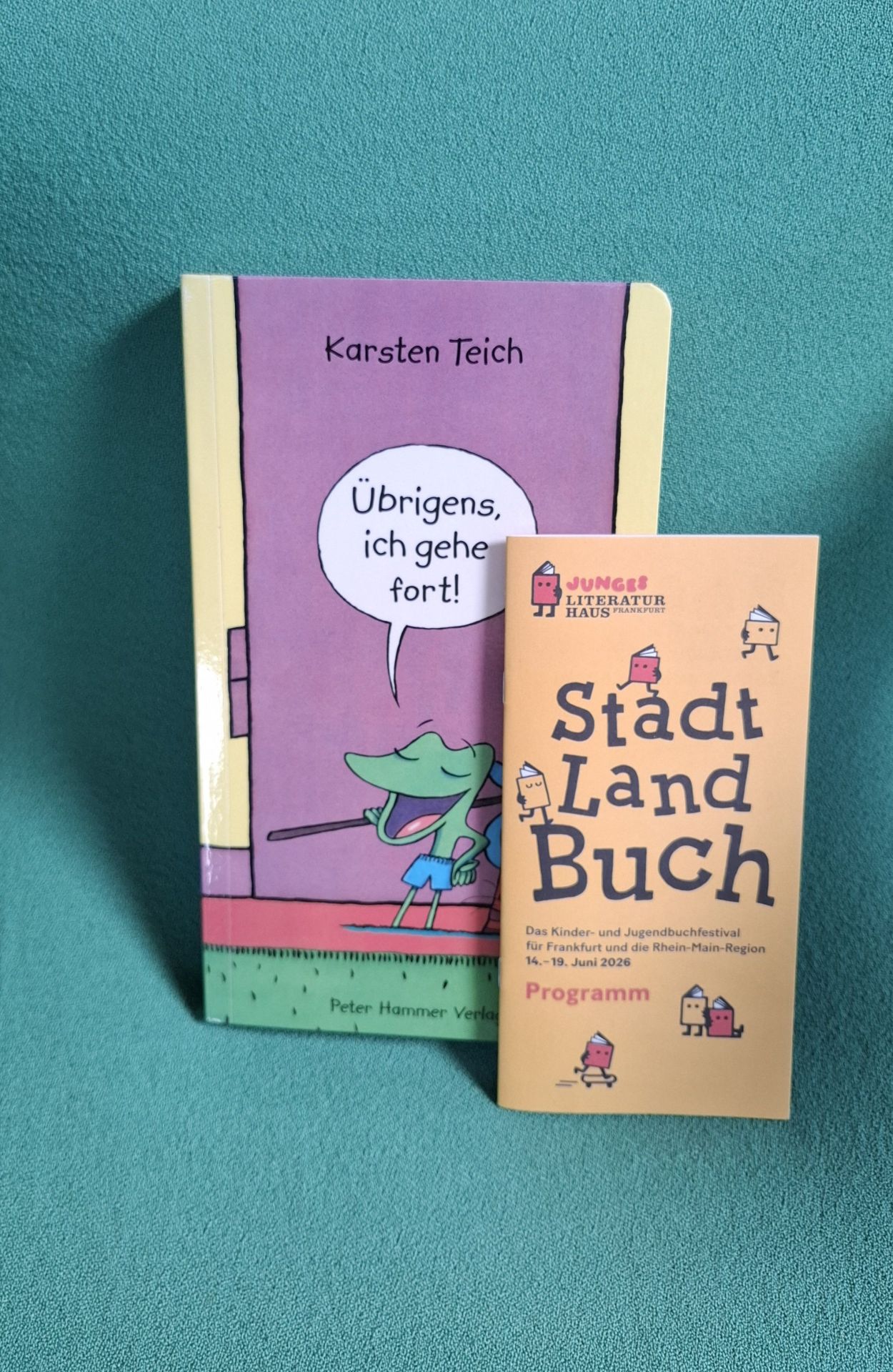 Children's book 'By the way, I'm going away' and 'Stadt Land Buch' A children's book with a purple cover and a speech bubble with the text 'By the way, I'm going away' next to a programme booklet for the 'Stadt Land Buch' children's and young people's book festival