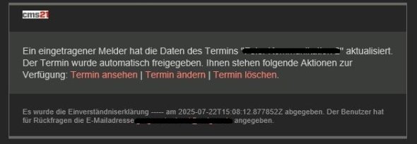 Notification of an appointment update with options to view, change or delete the appointment and notification of consent given by 2025-07-22.