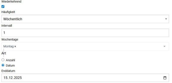 Settings for recurring appointments with frequency 'Weekly', interval 1, weekday Monday, type 'Date' and end date 15.12.2025