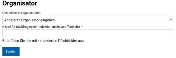 Form for entering an event organiser with mandatory field for e-mail address and 'Send' button