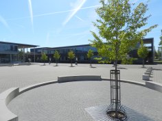 View over the schoolyard with trees and the school building as well as the auditorium of the Georg Büchner School