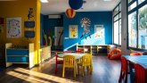 Colourful playrooms with colourful furniture and toys