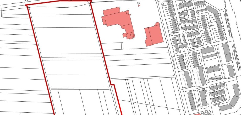 Map section of Dudenhofen with area D24 outlined in red and several buildings marked in red next to the residential area