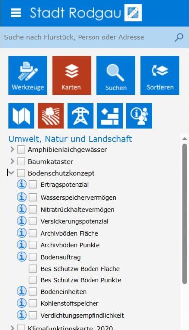 User interface of the GeoAS of the city of Rodgau with menu for selecting environmental and soil protection topics and various information symbols