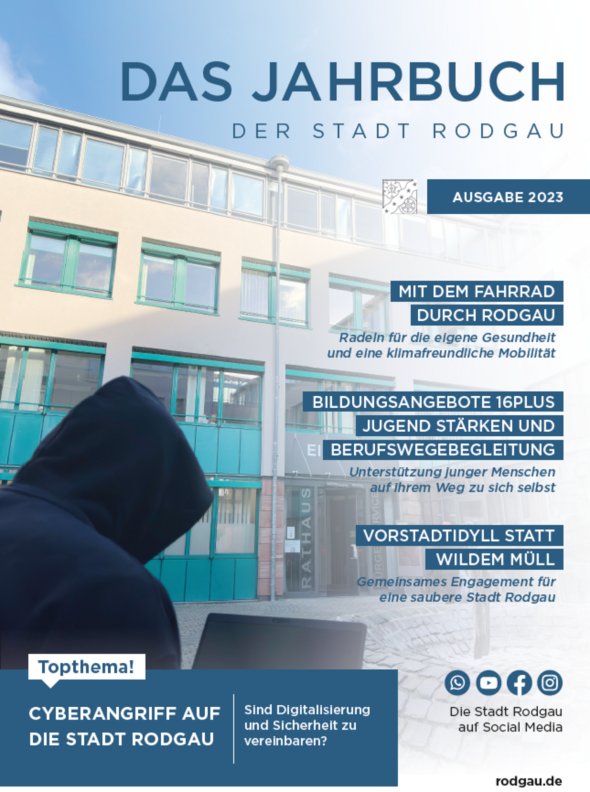 Cover page of the 2023 yearbook of the city of Rodgau with topics on cycling, education, urban development and cyber attacks
