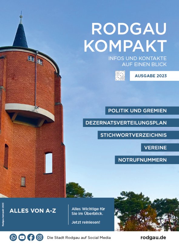 Water tower in Rodgau in front of a blue sky, title 'Rodgau Kompakt', issue 2023, information on politics, clubs, emergency numbers