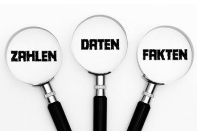 Three magnifying glasses with the terms "figures", "data" and "facts" next to each other.