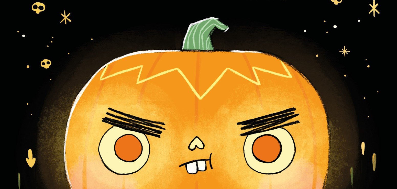 El Rufus naranja dibujado en forma de calabaza tiene un aspecto agrio sobre un fondo negro.