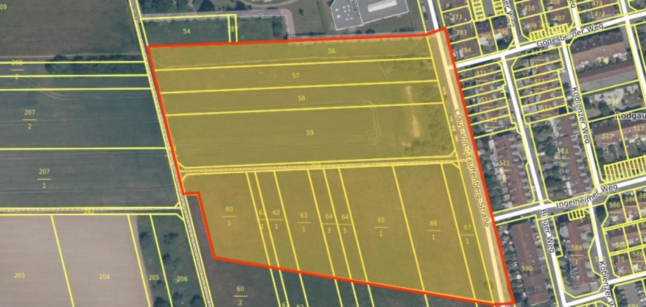 Vista aérea de una zona con límites de parcela amarillos y una zona marcada en rojo que muestra el plan de desarrollo D 32 en Dudenhofen