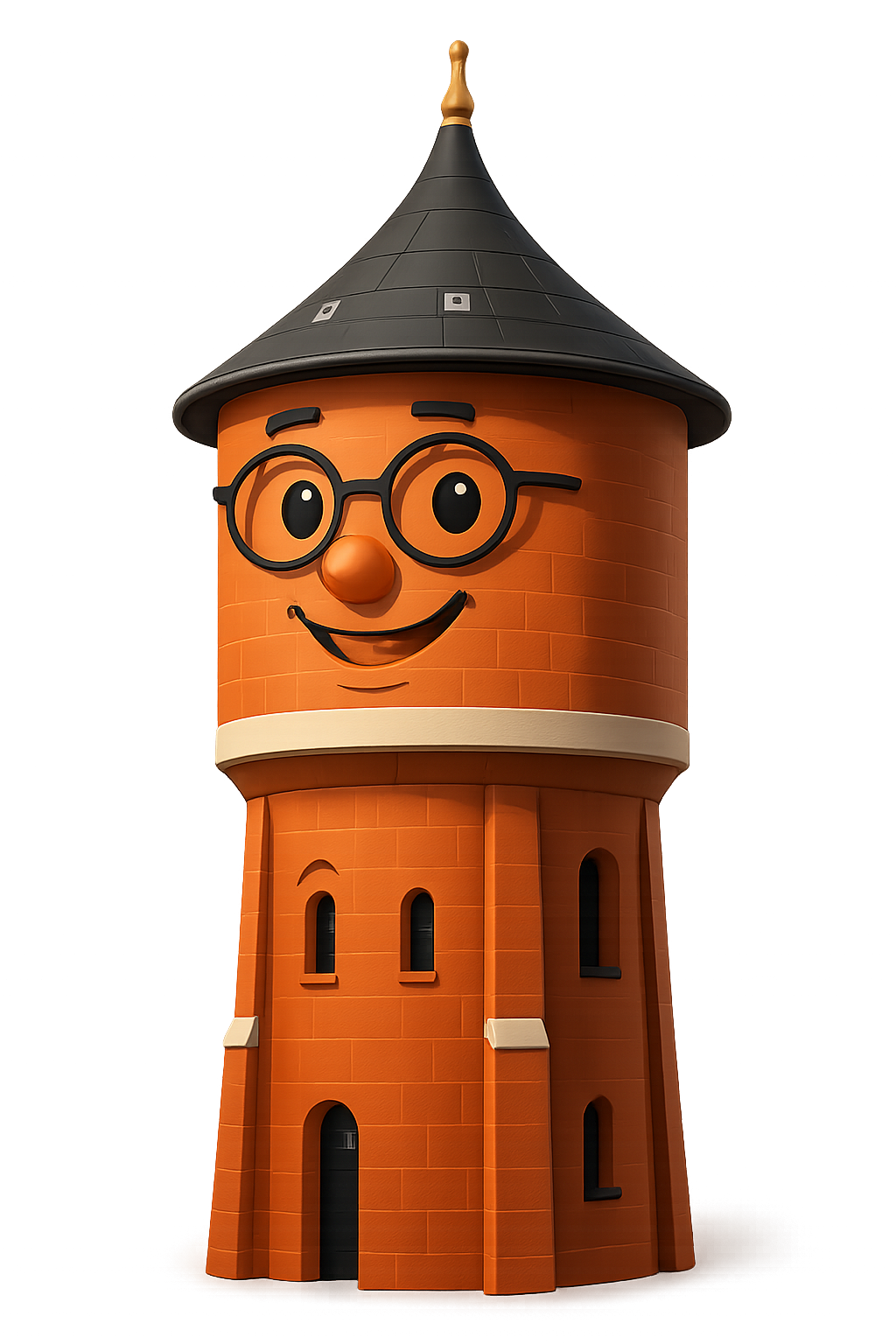 TOWNy, le nouveau chatbot, est une image symboliquement dessinée du château d'eau avec des lunettes et un visage souriant et amical.