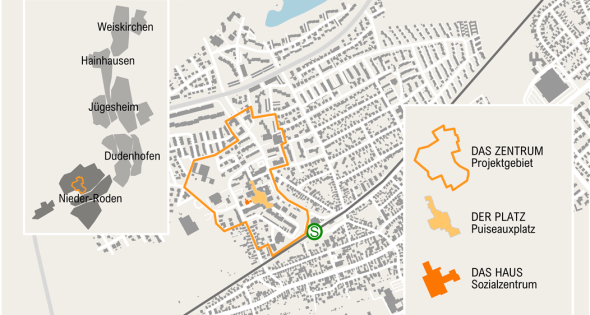 Carte de Nieder-Roden avec la zone de projet en surbrillance, la place Pusieaux et le centre social dans le centre de quartier