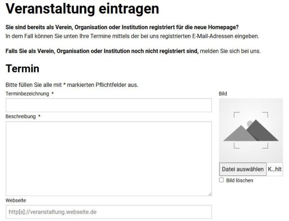 Formulaire d'inscription à un événement avec champs obligatoires pour le nom de la date, la description et le site web, y compris le téléchargement d'images