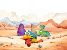Des personnages colorés et fantaisistes aux grands yeux et aux formes variées se tiennent dans un paysage désertique aride avec des montagnes en arrière-plan.
