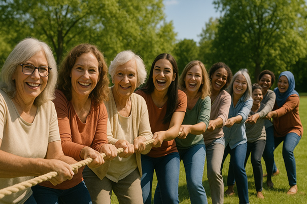 Un groupe de femmes tire sur une corde. Elles se tiennent en ligne sur une pelouse, tout en souriant, portant différents hauts aux couleurs douces et affichant différentes coiffures.