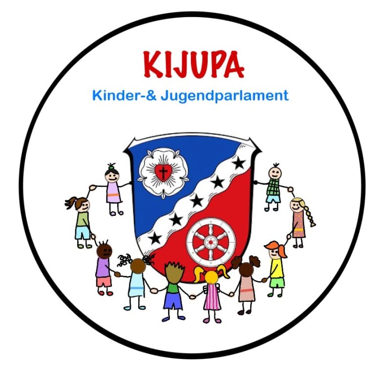 Dans un cercle, on peut lire "KIJUPA" et "Parlement des enfants et des jeunes" ainsi que les armoiries de la ville de Rodgau autour desquelles se tiennent main dans la main différentes personnes peintes dans le style des enfants.