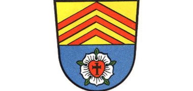 Armoiries de Dudenhofen Armoiries de Dudenhöfer avec des angles jaunes et rouges et la rose de Luther sur fond bleu