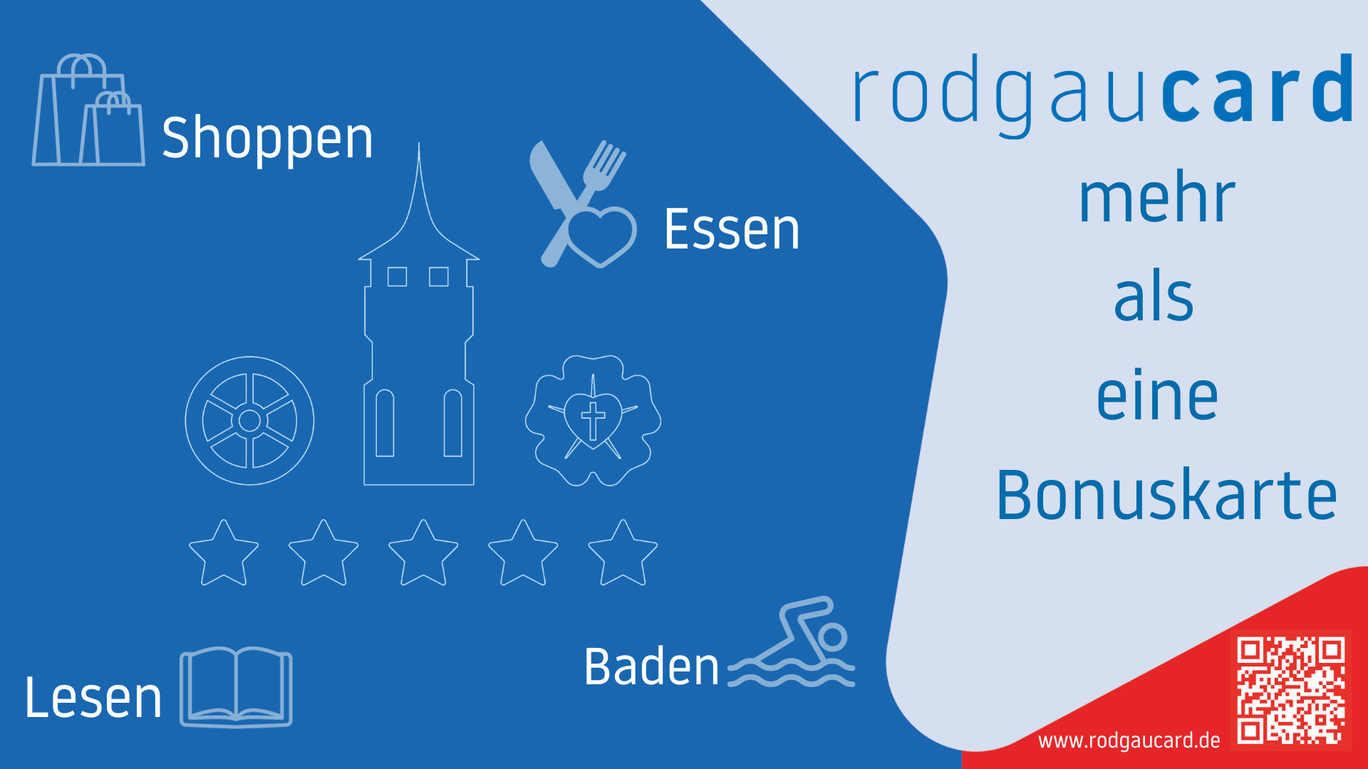 rodgaucard carte bonus avec symboles pour le shopping, les repas, la lecture et la baignade, cinq étoiles et code QR, texte "plus qu'une carte bonus".