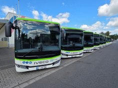 Les bus des services municipaux Plusieurs bus urbains blancs de la marque Iveco, dont le bord du toit est vert, sont garés en rangée sur un parking