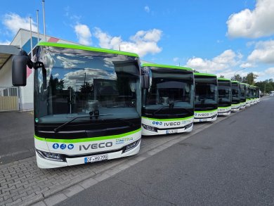 Plusieurs bus urbains blancs de la marque Iveco, dont le bord du toit est vert, sont garés en rangée sur un parking