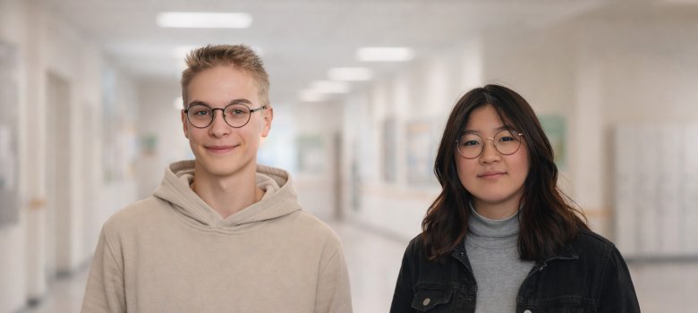 Hanna e Justus sono in piedi in un corridoio chiaro, Simon indossa una felpa chiara con cappuccio, Hanna una giacca di jeans scura su un maglione a collo alto.