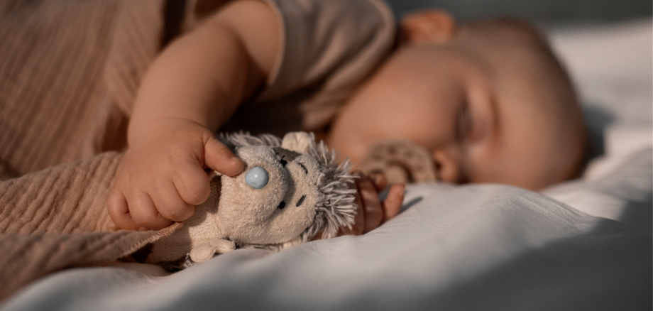 Bambino addormentato su piumone bianco e tiene in mano un peluche con tessuto grigio e naso blu