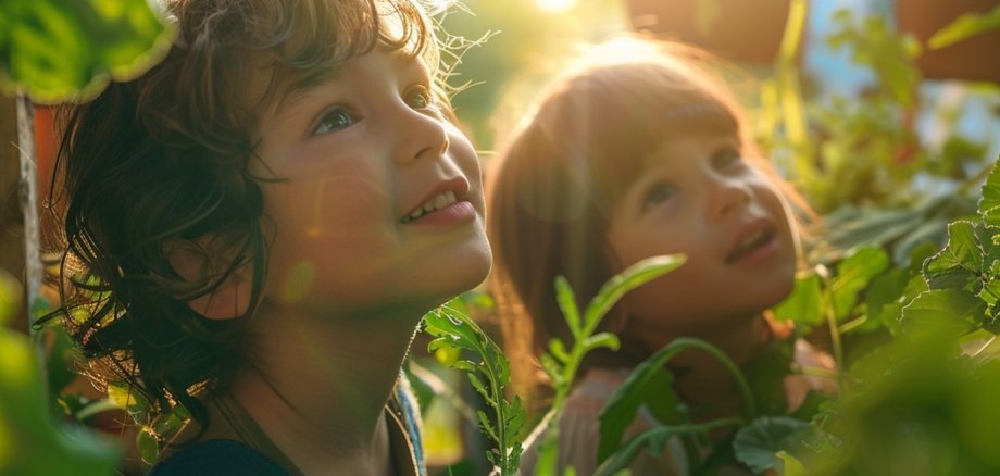 Due bambini in giardino Due bambini in piedi in un giardino con molte piante verdi alla luce del sole