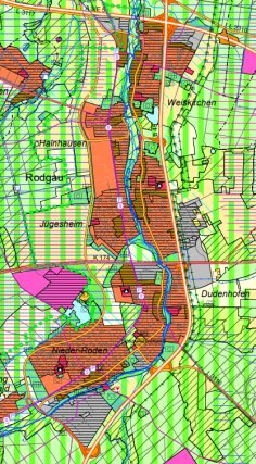 La rappresentazione schematica del piano regolatore mostra le aree di Rodgau contrassegnate da diversi colori.