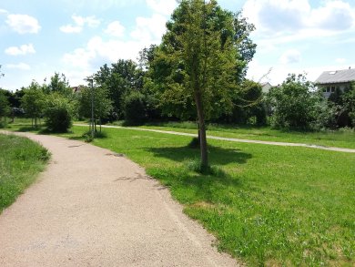 Percorso pedonale nel Rodaupark tra due spazi verdi