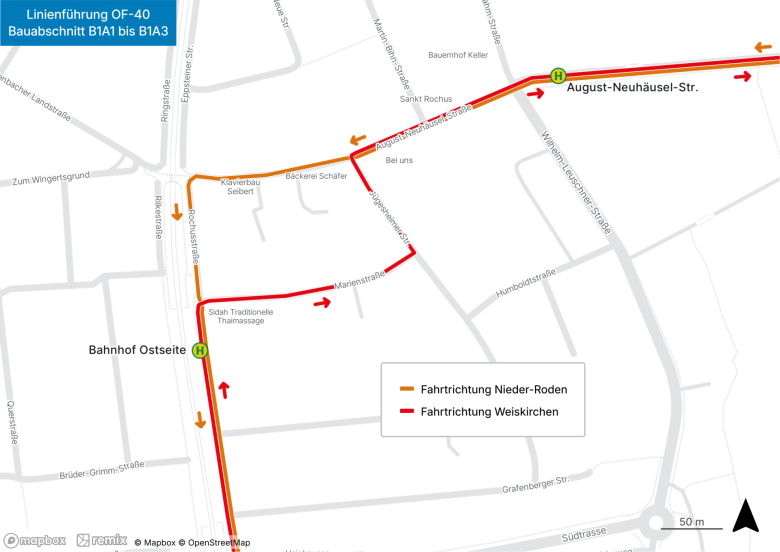 Sezione della mappa con i percorsi alternativi della linea di autobus OF 40 tra August-Neuhäusel-Straße e la stazione ferroviaria (lato est), contrassegnati nei colori arancione e rosso a seconda delle diverse direzioni di marcia