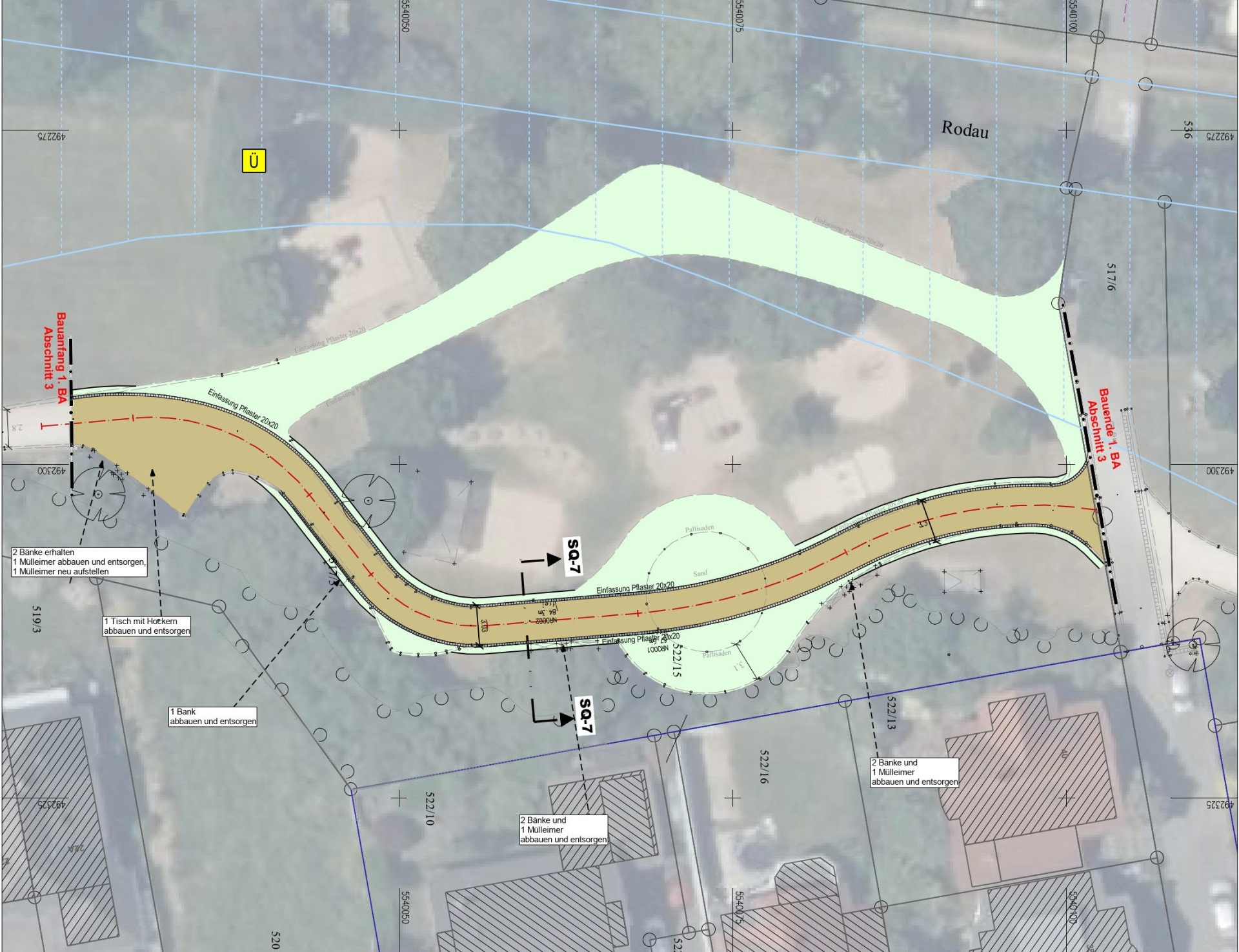 Szkic nowej ścieżki jest schematycznie nałożony na widok Lutherpark z lotu ptaka, koncentrując się na obszarze placu zabaw.