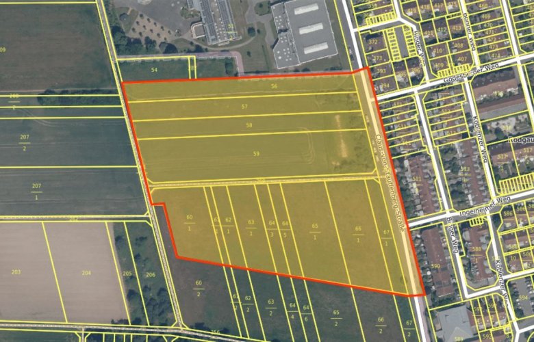 Plan rozwoju D 32 Widok z lotu ptaka na obszar z żółtymi granicami działek i obszarem zaznaczonym na czerwono przedstawiającym plan zagospodarowania D 32 w Dudenhofen