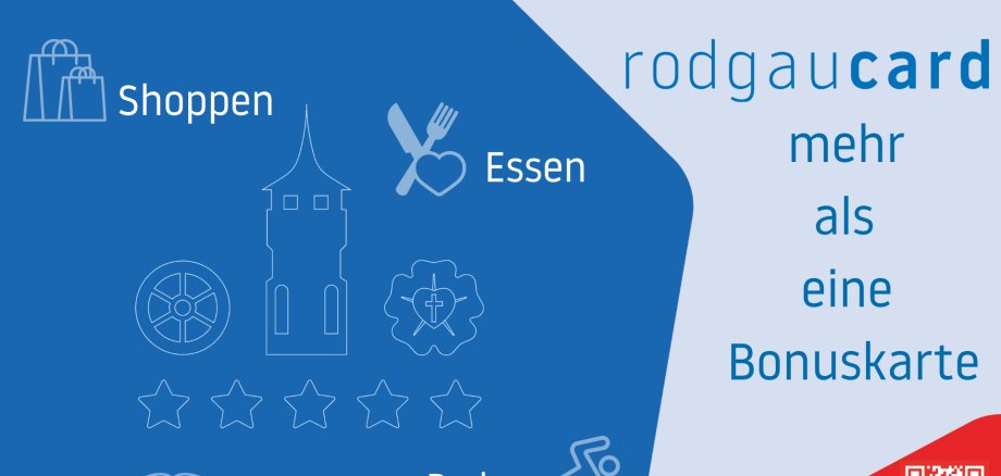 rodgaucard Bonuskarte mit Symbolen für Shoppen, Essen, Lesen und Baden, fünf Sternen und QR-Code, Text "mehr als eine Bonuskarte"