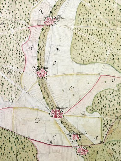 Mapa histórico de Rödermark de 1740 com aldeias marcadas e curso do rio, campos e áreas florestais do arquivo municipal