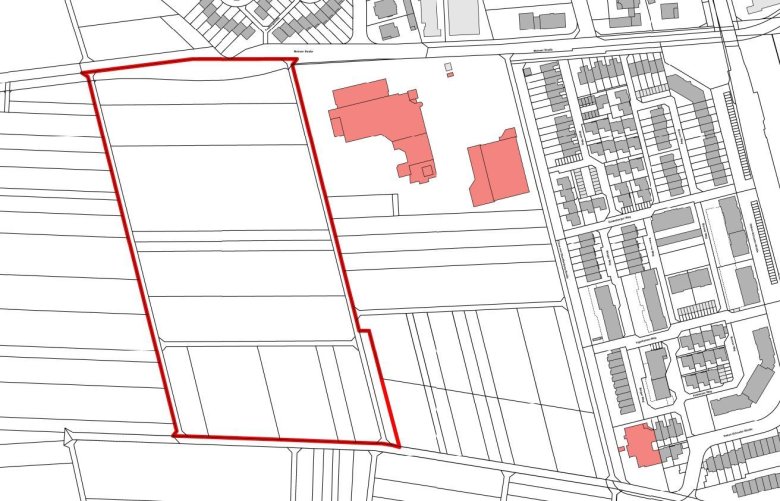 Plan de dezvoltare D24 Porțiune de hartă a orașului Dudenhofen cu zona D24 delimitată cu roșu și mai multe clădiri marcate cu roșu lângă zona rezidențială