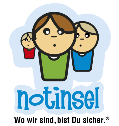 Insulă de urgență Logo-ul "Notinsel" cu trei figuri de copii stilizate în culorile verde, albastru și roșu. Sub litere: "Unde suntem noi, sunteți în siguranță"