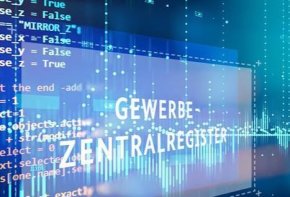 Simbol digital cu cuvintele "Trade Central Register" pe un fundal de cod de programare.