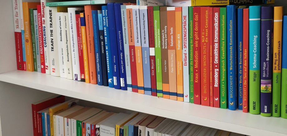 Книжная полка много разноцветных книг на полке в библиотеке