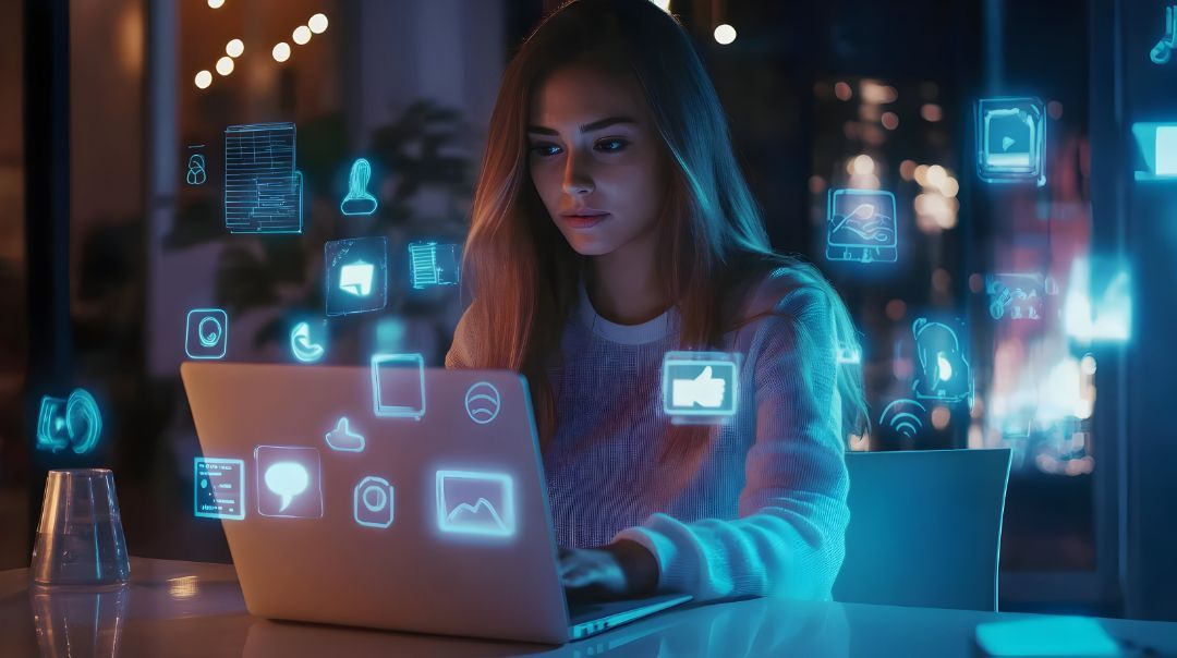 Kişi, karanlık bir ortamda dijital uygulamaların yüzen, parlayan simgelerinin bulunduğu bir dizüstü bilgisayarın önünde oturuyor