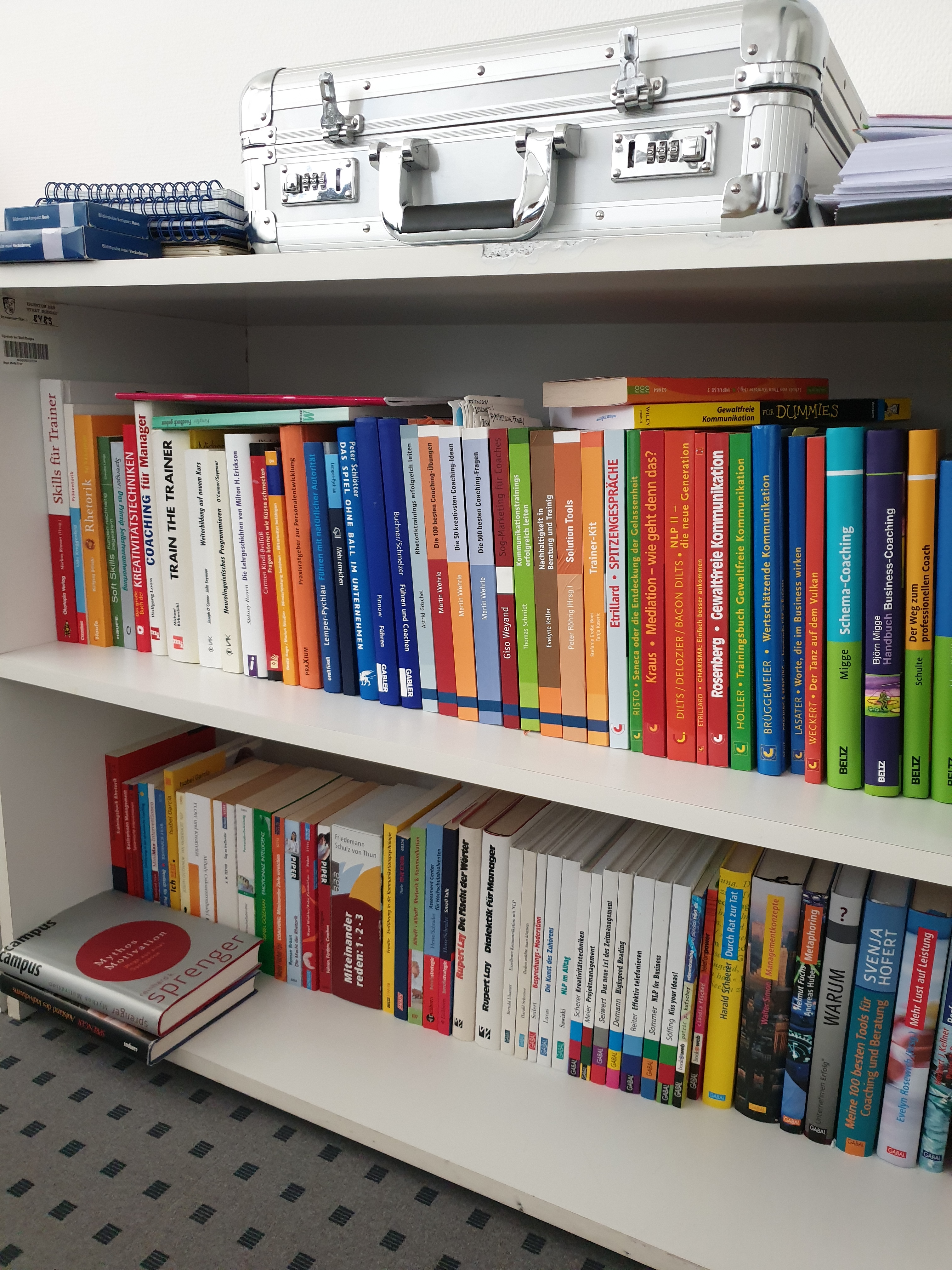 kütüphanedeki bir rafta birçok farklı renkte kitap