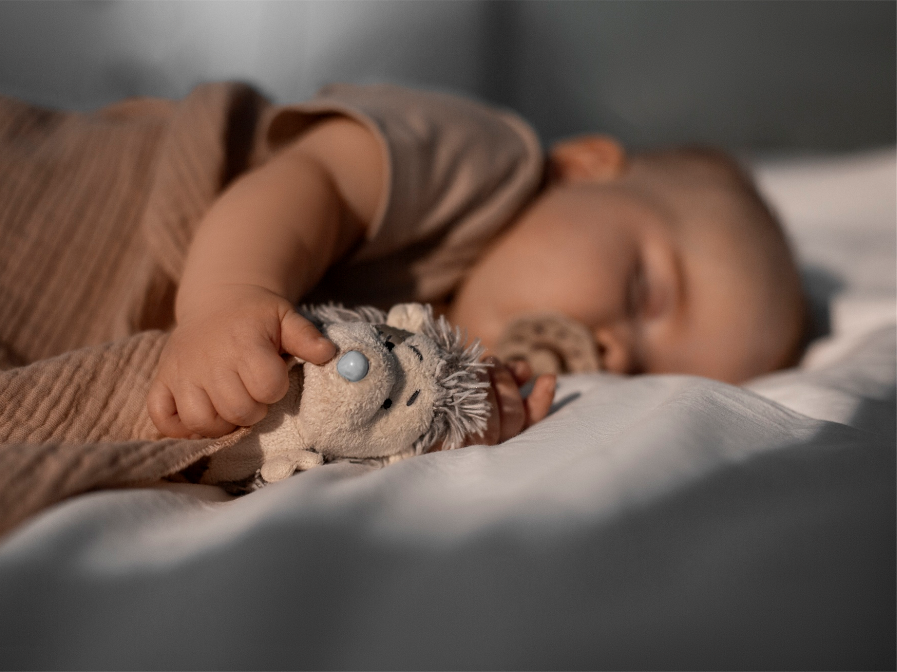 Uyuyan bebek beyaz yorganın üzerinde yatıyor ve gri kumaşlı ve mavi burunlu sevimli oyuncağı tutuyor