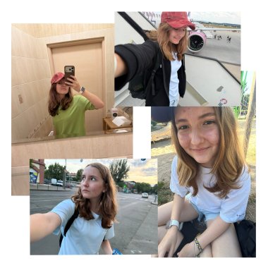 Orta uzunlukta kahverengi saçlı, farklı kıyafetler giyen ve çeşitli yerlerde çekilmiş dört selfie'den oluşan bir kolaj