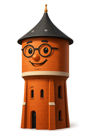 TOWNy, новий чат-бот Новий чат-бот TOWNy - це символічно намальоване зображення водонапірної вежі з окулярами та привітним усміхненим обличчям.