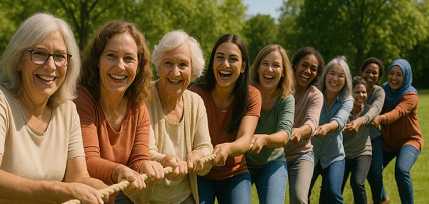 Група жінок тягне за мотузку. Вони стоять у ряд на галявині, посміхаються, одягнені в різні топи м'яких кольорів і демонструють різні зачіски.