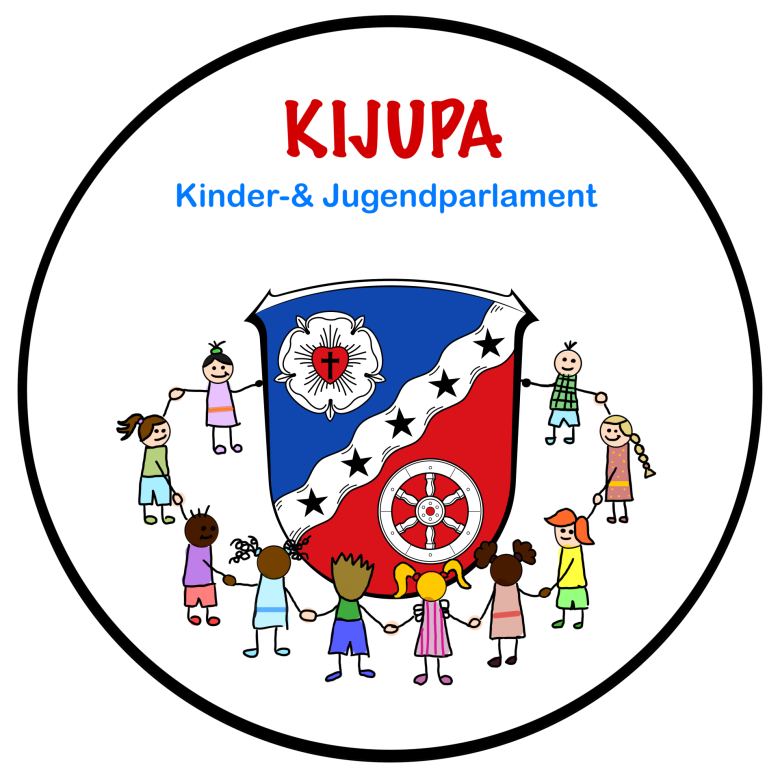 Логотип Дитячо-юнацького парламенту Слова "KIJUPA" та "Kinder- & Jugendparlament" написані по колу, поряд з гербом міста Родгау, навколо якого стоять, взявшись за руки, різні люди, намальовані в дитячому стилі.